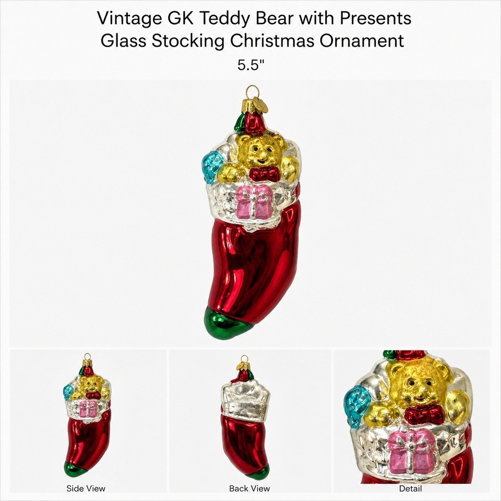 Vintage GK Brand Teddy Bear with Presents Glass Stocking Christmas Ornament 5.5"